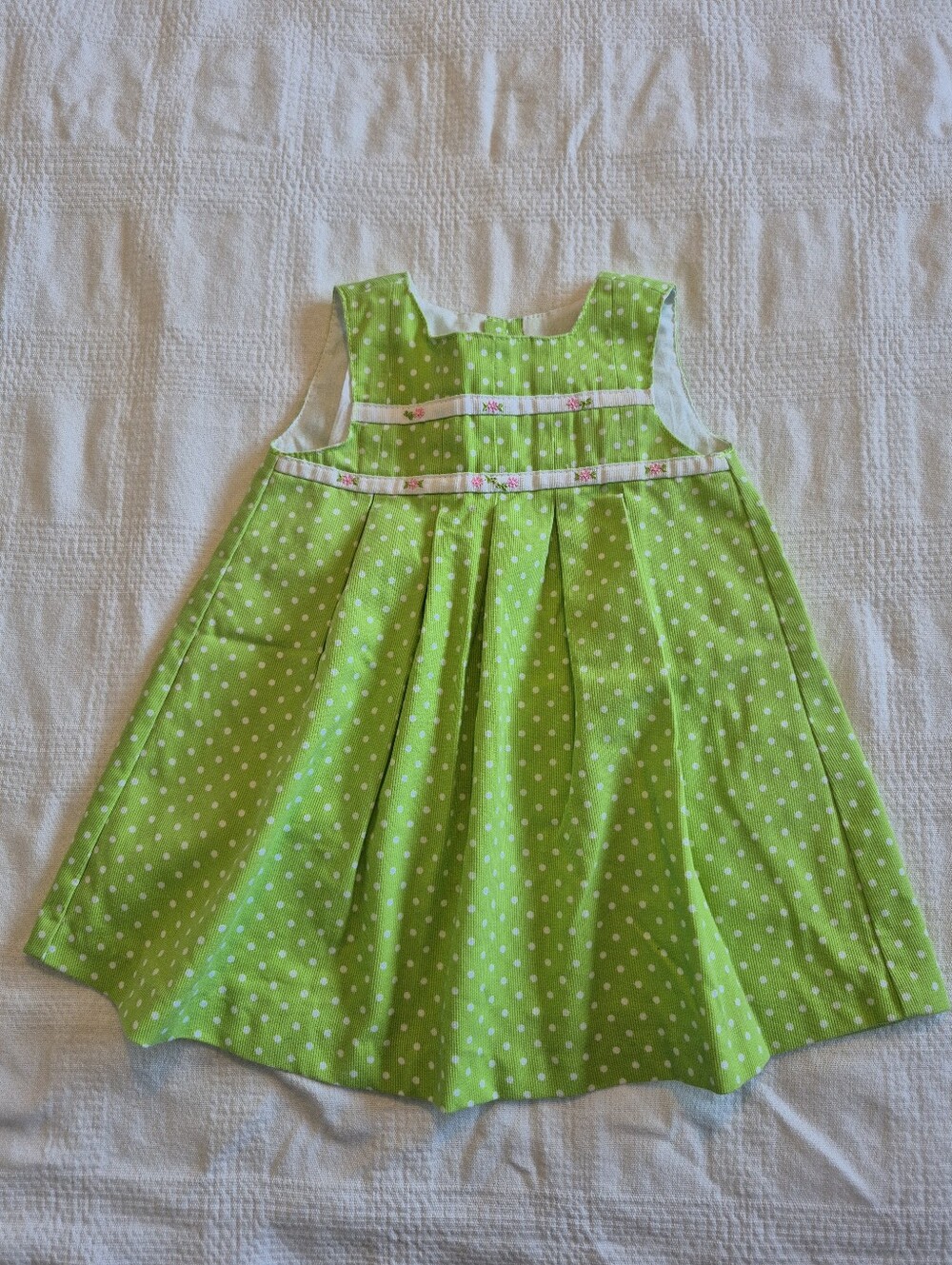 Mayoral girls 9 months dress green with white polka dots back button closure EUC